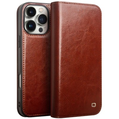 Apple iPhone 16 Pro Max "QIALINO" atvēramais ādas brūns maciņš - maks | Vacins.lv