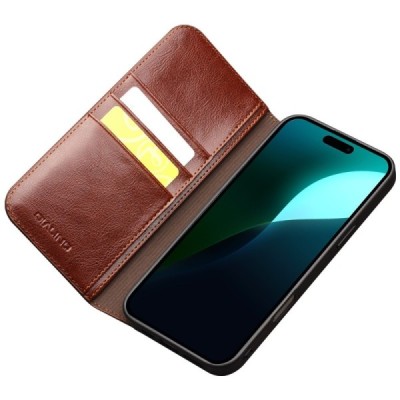 Apple iPhone 16 Plus "QIALINO" atvēramais ādas brūns maciņš - maks | Vacins.lv