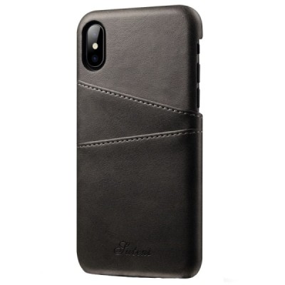 „Vintage“ Apple iPhone X (iPhone Xs) pilkas odinis dėklas - nugarėlė su kišenėle kortelėms | Priedai.lt