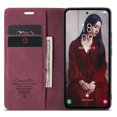 Samsung Galaxy A55 5G (SM-A556) CaseMe Retro solīds atvēramais ādas bordo maciņš - maks | Vacins.lv