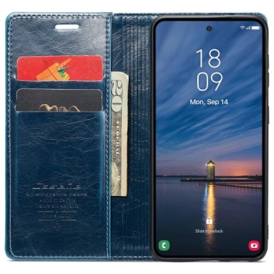 Samsung Galaxy A55 5G (SM-A556) CaseMe Leather solīds atvēramais ādas zils maciņš - maks | Vacins.lv