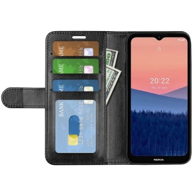 Nokia C21 atvēramais ādas melns maciņš (maks) | Vacins.lv