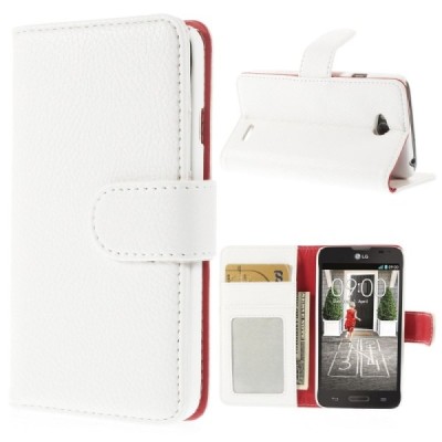 LG L70 D320 atverčiamas baltas odinis Litchi dėklas - piniginė / Priedai.lt