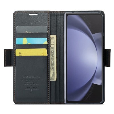 Samsung Galaxy Fold6 5G (SM-F956B) „CaseMe“ Leather solīds atvēramais ādas melns maciņš - maks | Vacins.lv