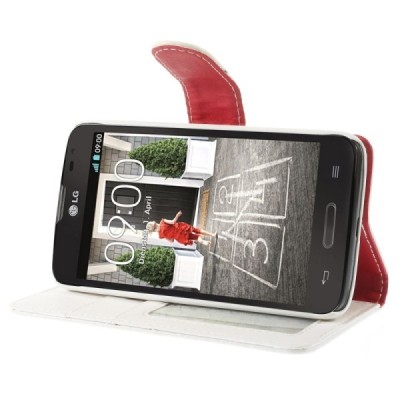 LG L70 D320 atverčiamas baltas odinis Litchi dėklas - piniginė / Priedai.lt