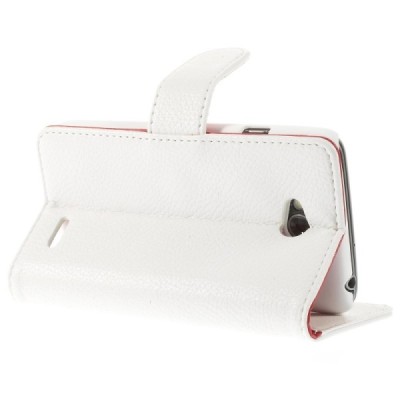 LG L70 D320 atverčiamas baltas odinis Litchi dėklas - piniginė / Priedai.lt