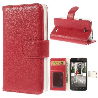 LG L70 D320 atverčiamas raudonas odinis Litchi dėklas - piniginė / Priedai.lt
