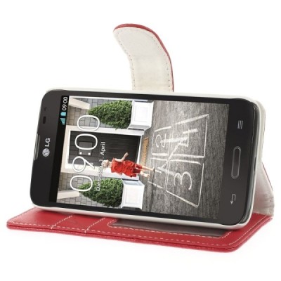 LG L70 D320 atverčiamas raudonas odinis Litchi dėklas - piniginė / Priedai.lt
