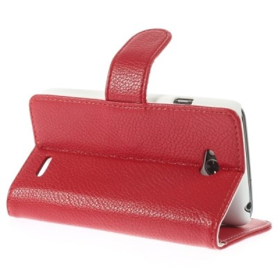 LG L70 D320 atverčiamas raudonas odinis Litchi dėklas - piniginė / Priedai.lt