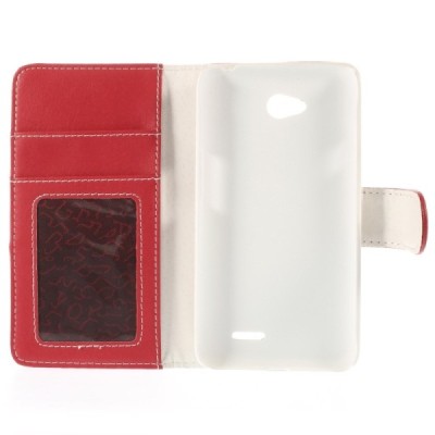 LG L70 D320 atverčiamas raudonas odinis Litchi dėklas - piniginė / Priedai.lt