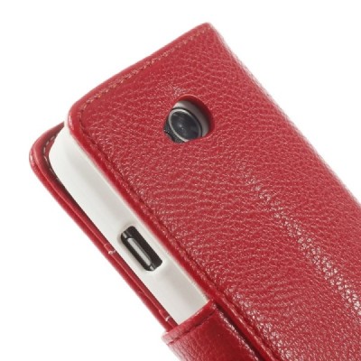 LG L70 D320 atverčiamas raudonas odinis Litchi dėklas - piniginė / Priedai.lt