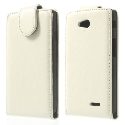 LG L70 (D320) klasikinis vertikaliai atverčiamas baltas odinis dėklas / Priedai.lt