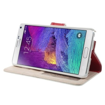 Samsung Galaxy Note 4 (N910) atvēramais sarkans ādas Litchi futrālis - maciņš / Vacins.lv