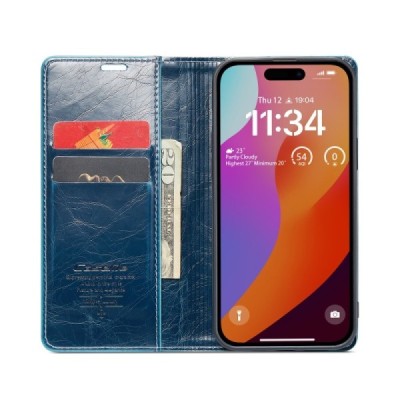 Apple iPhone 16 Pro CaseMe Leather solīds atvēramais ādas zils maciņš - maks | Vacins.lv