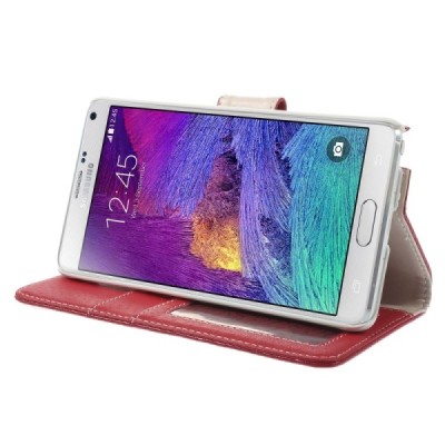 Samsung Galaxy Note 4 (N910) atverčiamas raudonas odinis Litchi dėklas - piniginė / Priedai.lt