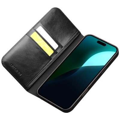 Apple iPhone 16 "QIALINO" atvēramais ādas melns maciņš - maks | Vacins.lv