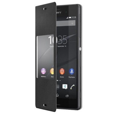 Oficialius Sony Xperia Z3 Style Cover Window juodas atverčiamas dėklas SCR24 / Priedai.lt