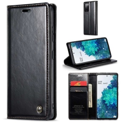 Samsung Galaxy S20 FE CaseMe Leather solīds atvēramais ādas melns maciņš - maks | Vacins.lv