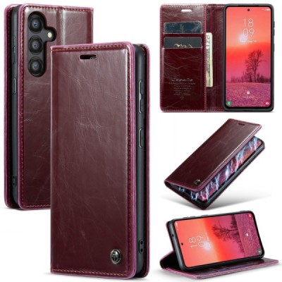 Samsung Galaxy A35 CaseMe Leather solīds atvēramais ādas bordo maciņš - maks | Vacins.lv