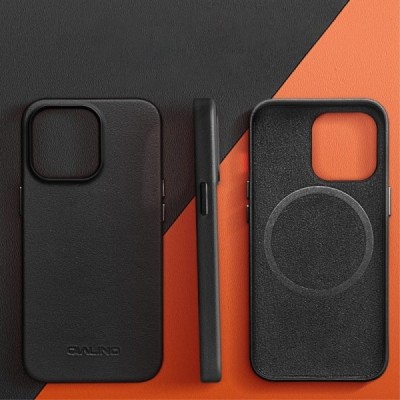 Apple iPhone 14 "QIALINO" Slim MagSafe ādas melns vaciņš - apvalks | Vacins.lv