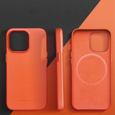 Apple iPhone 14 "QIALINO" Slim MagSafe ādas brūns vaciņš - apvalks | Vacins.lv