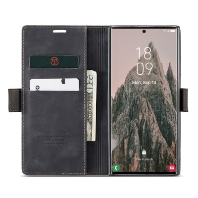 Samsung Galaxy S25 Ultra CaseMe Retro solīds atvēramais ādas melns maciņš - maks | Vacins.lv