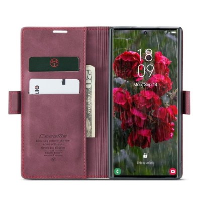 Samsung Galaxy S25 Ultra CaseMe Retro solīds atvēramais ādas bordo maciņš - maks | Vacins.lv