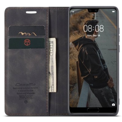 Huawei P20 CaseMe Retro solīds atvēramais ādas melns maciņš - maks | Vacins.lv