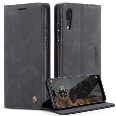 Huawei P20 CaseMe Retro solīds atvēramais ādas melns maciņš - maks | Vacins.lv