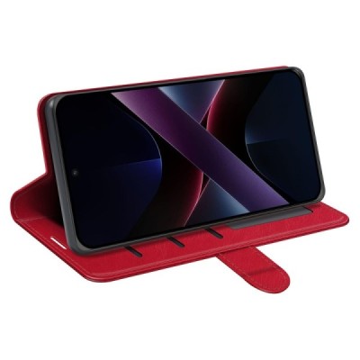 Poco X7 Pro 5G / Redmi Turbo 4 5G Binfen atverčiamas raudonas odinis dėklas - piniginė | Priedai.lt