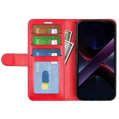 Poco X7 Pro 5G / Redmi Turbo 4 5G Binfen atverčiamas raudonas odinis dėklas - piniginė | Priedai.lt