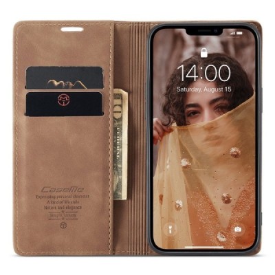 Apple iPhone 13 CaseMe Retro solīds atvēramais ādas gaiši brūns maciņš - maks | Vacins.lv