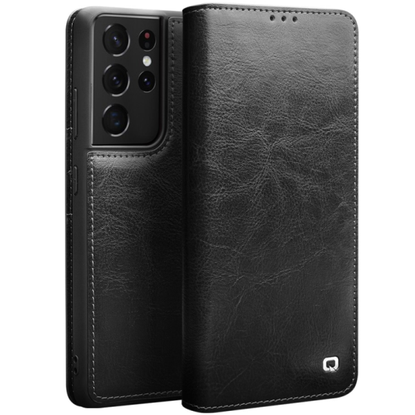 "QIALINO" atvēramais ādas maciņš - melns (Galaxy S21 Ultra)