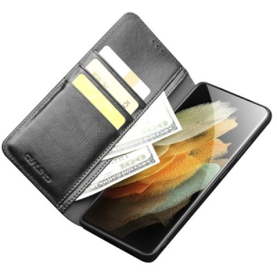 Samsung Galaxy S21 Ultra "QIALINO" atvēramais ādas melns maciņš - maks | Vacins.lv