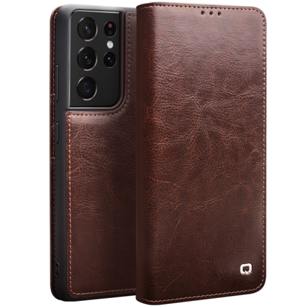 "QIALINO" atvēramais ādas maciņš - brūns (Galaxy S21 Ultra)