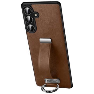 „SULADA“ Leather Kickstand Samsung Galaxy S25 rudas odinis dėklas - nugarėlė | Priedai.lt
