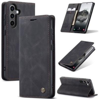 Samsung Galaxy S24 / S25 CaseMe Retro solīds atvēramais ādas melns maciņš - maks | Vacins.lv