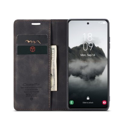Samsung Galaxy S24+ / S25+ CaseMe Retro solīds atvēramais ādas melns maciņš - maks | Vacins.lv
