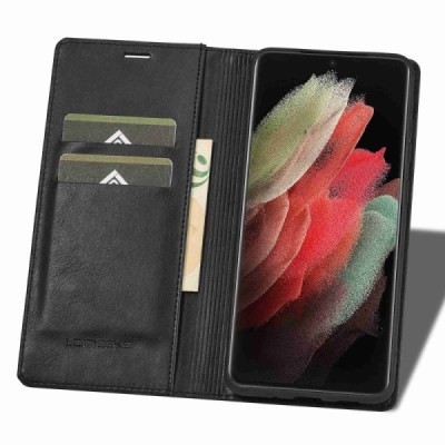 Samsung Galaxy S21 Ultra LC IMEEKE atverčiamas juodas odinis dėklas - piniginė | Priedai.lt