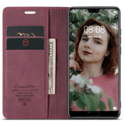 Huawei P20 CaseMe Retro solīds atvēramais ādas bordo maciņš - maks | Vacins.lv