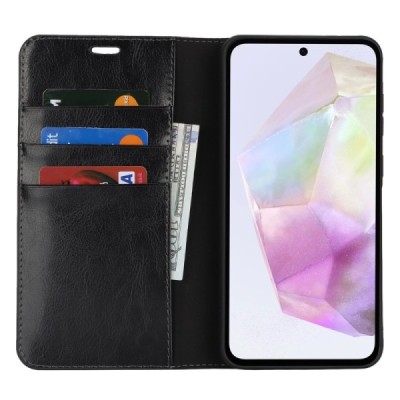 Samsung Galaxy A56 / A36 Solīds melns ādas atvērams maciņš | Vacins.lv