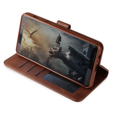 Samsung Galaxy A8 (2018) LC IMEEKE atverčiamas rudas odinis dėklas - piniginė | Priedai.lt