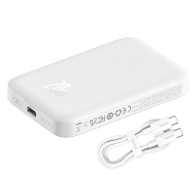 "Baseus" Magnetic Mini Air MagSafe PowerBank ārējais akumulators — balts (6000 mAh, 20W) | Vacins.lv