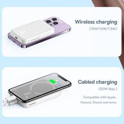 "Baseus" Magnetic Mini Air MagSafe PowerBank ārējais akumulators — balts (6000 mAh, 20W) | Vacins.lv