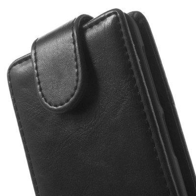 Nokia Lumia 530 klasikinis vertikaliai atverčiamas juodas odinis dėklas / Priedai.lt