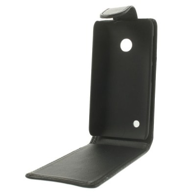 Nokia Lumia 530 klasikinis vertikaliai atverčiamas juodas odinis dėklas / Priedai.lt