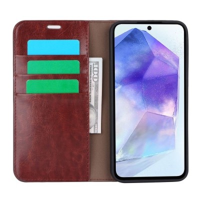 Samsung Galaxy A55 Solīds brūns ādas atvērams maciņš | Vacins.lv
