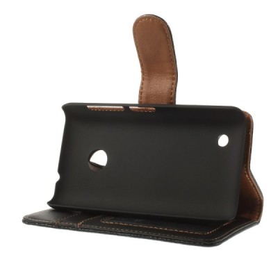 Nokia Lumia 530 atvēramais melns ādas Litchi futrālis - maciņš / Vacins.lv