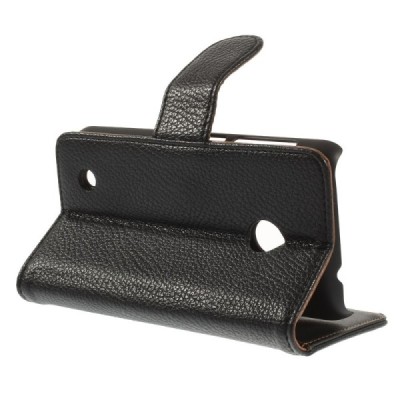 Nokia Lumia 530 atvēramais melns ādas Litchi futrālis - maciņš / Vacins.lv