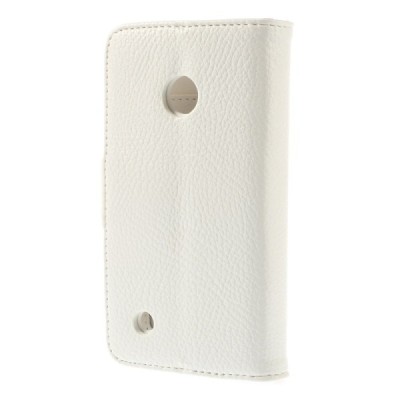 Nokia Lumia 530 atverčiamas baltas odinis Litchi dėklas - piniginė / Priedai.lt